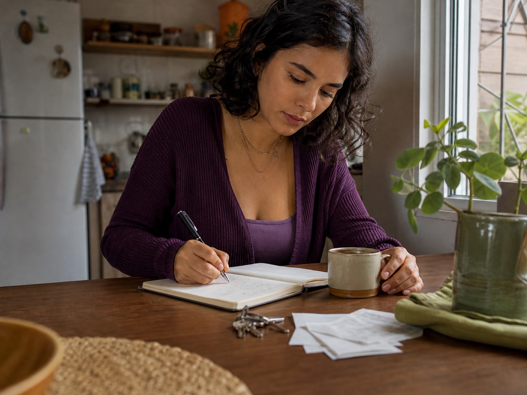 Mãos junto a um caderno e uma xícara de café em uma cozinha vivida