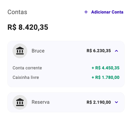 Widget de contas renderizado pelo app Bruce com conta principal e reserva