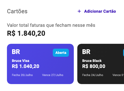 Widget de faturas de cartões renderizado pelo app Bruce