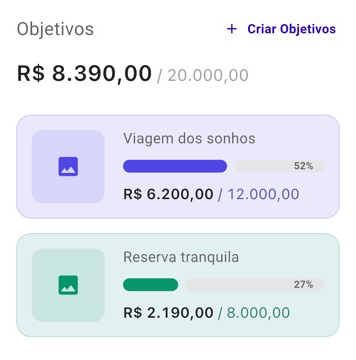 Widget de objetivos renderizado pelo app Bruce com progresso de viagem e reserva