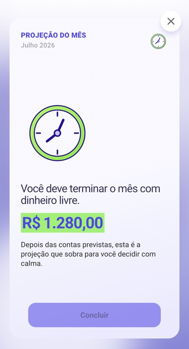 Insight financeiro completo renderizado pelo app Bruce com projeção de dinheiro livre